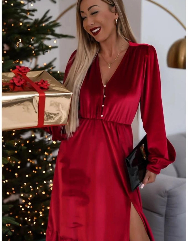 Racing Red Velvet Buttoned Puff Sleeve V Neck Split Midi Dress