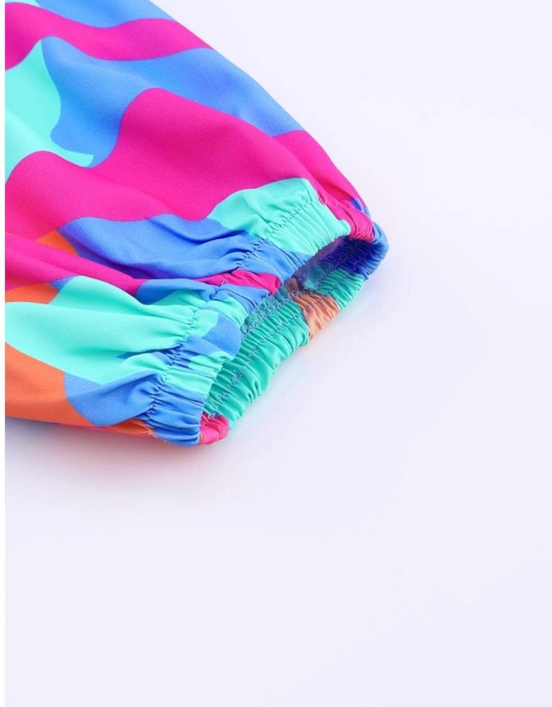 Multicolor Abstract Print Wrap V Neck Puff Sleeve Dress