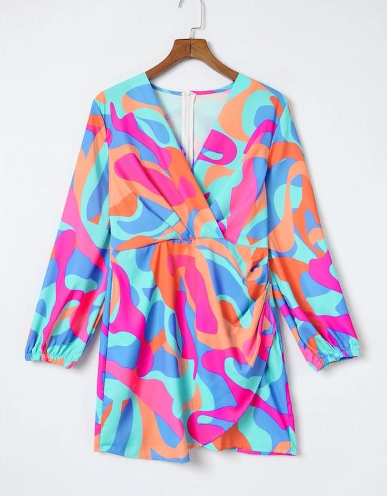 Multicolor Abstract Print Wrap V Neck Puff Sleeve Dress