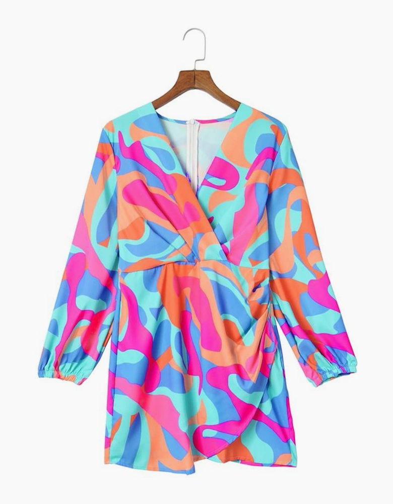 Multicolor Abstract Print Wrap V Neck Puff Sleeve Dress