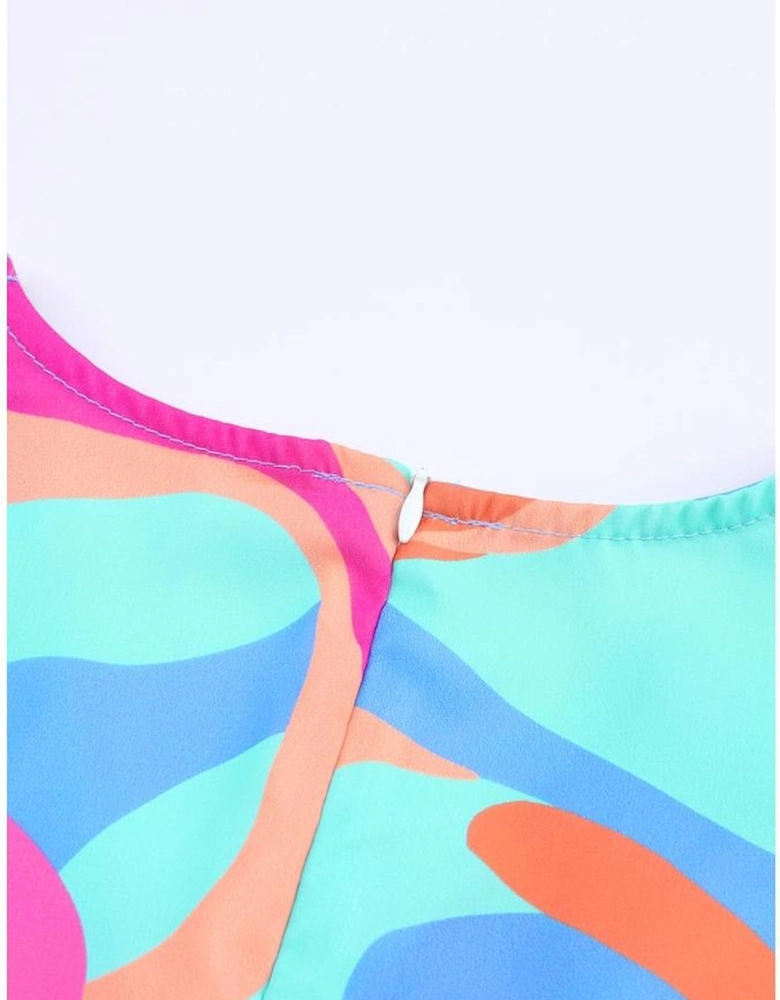 Multicolor Abstract Print Wrap V Neck Puff Sleeve Dress