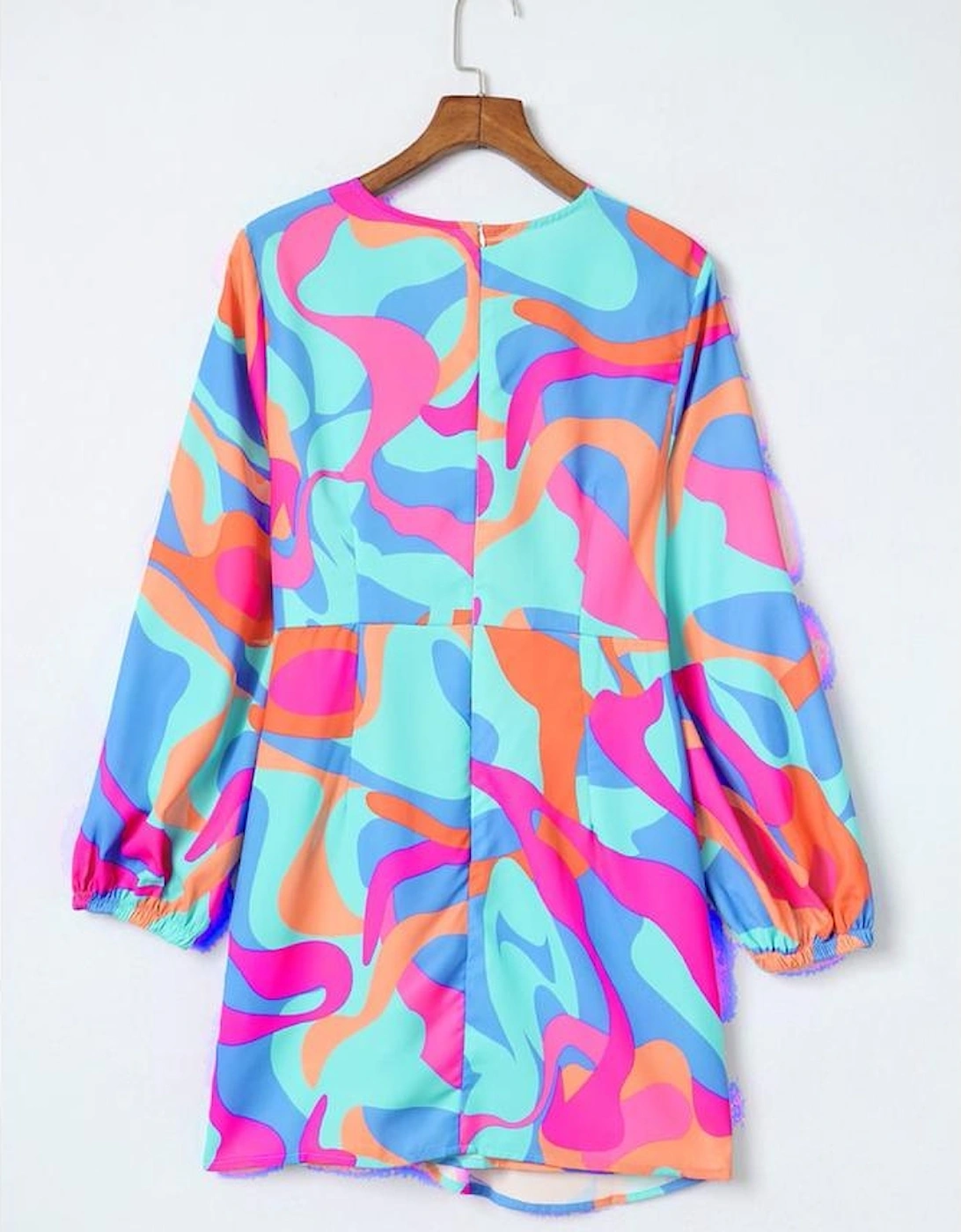 Multicolor Abstract Print Wrap V Neck Puff Sleeve Dress