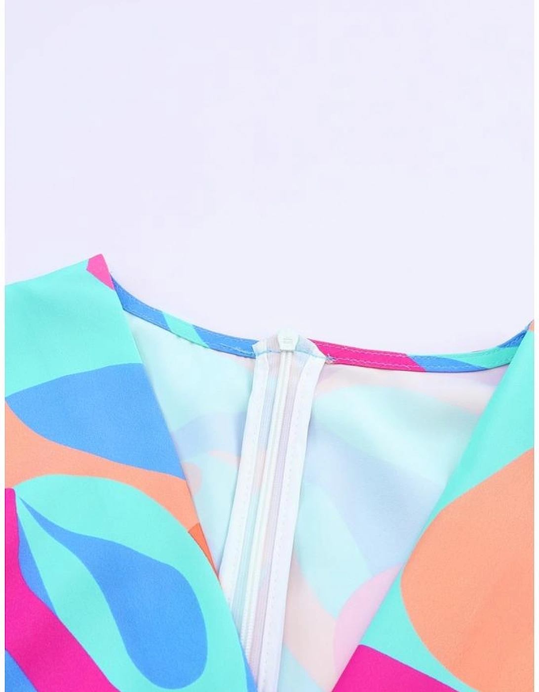 Multicolor Abstract Print Wrap V Neck Puff Sleeve Dress