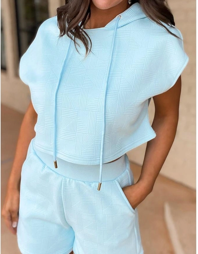 Beau Blue Textured Cropped Hoodie and Shorts Set