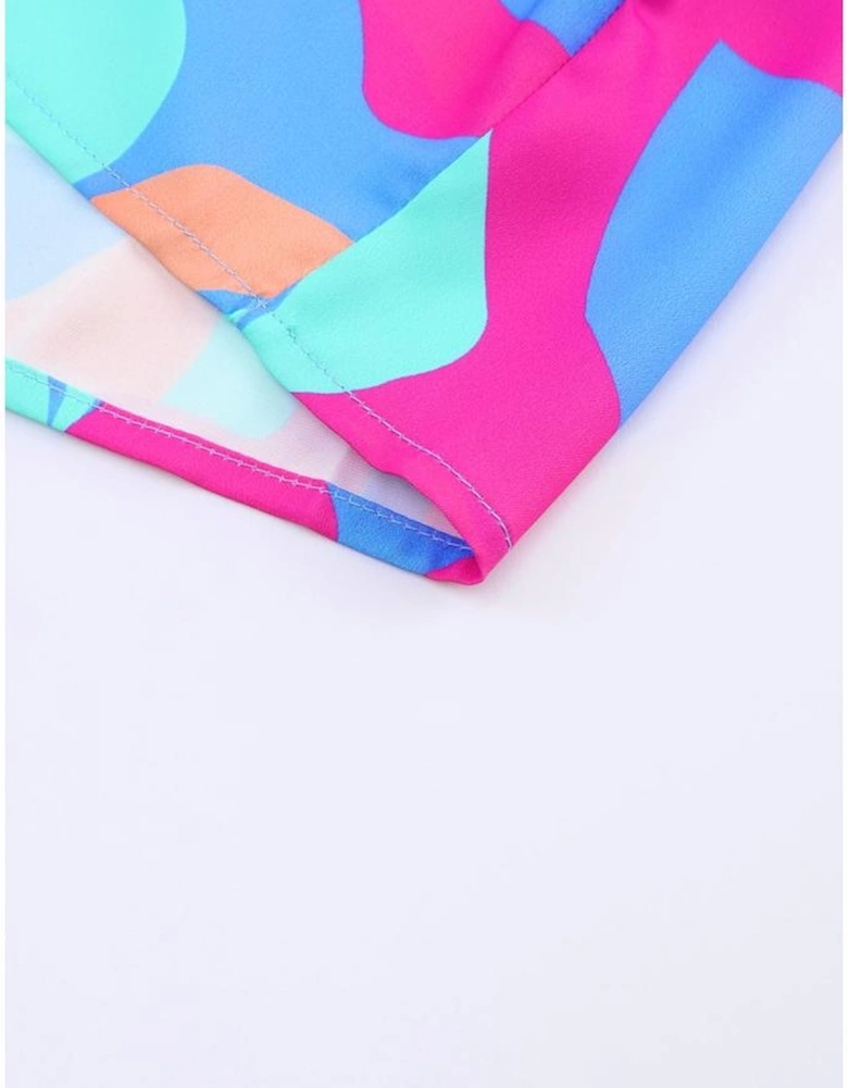 Multicolor Abstract Print Wrap V Neck Puff Sleeve Dress