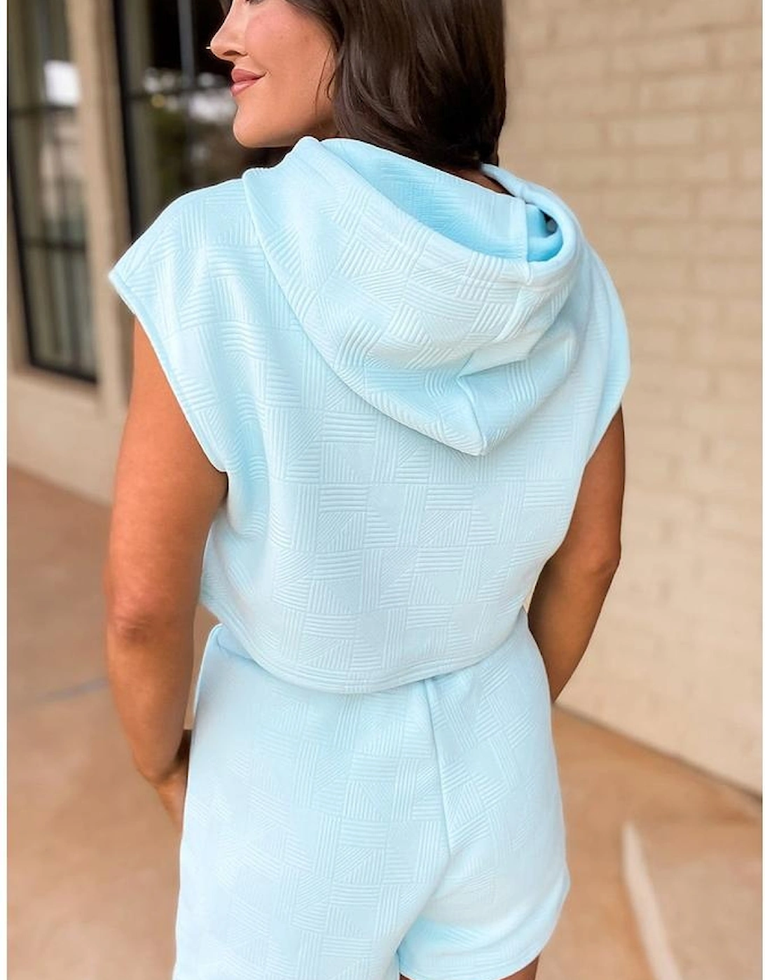 Beau Blue Textured Cropped Hoodie and Shorts Set