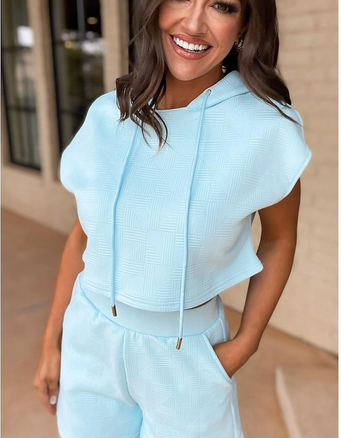 Beau Blue Textured Cropped Hoodie and Shorts Set, 10 of 9