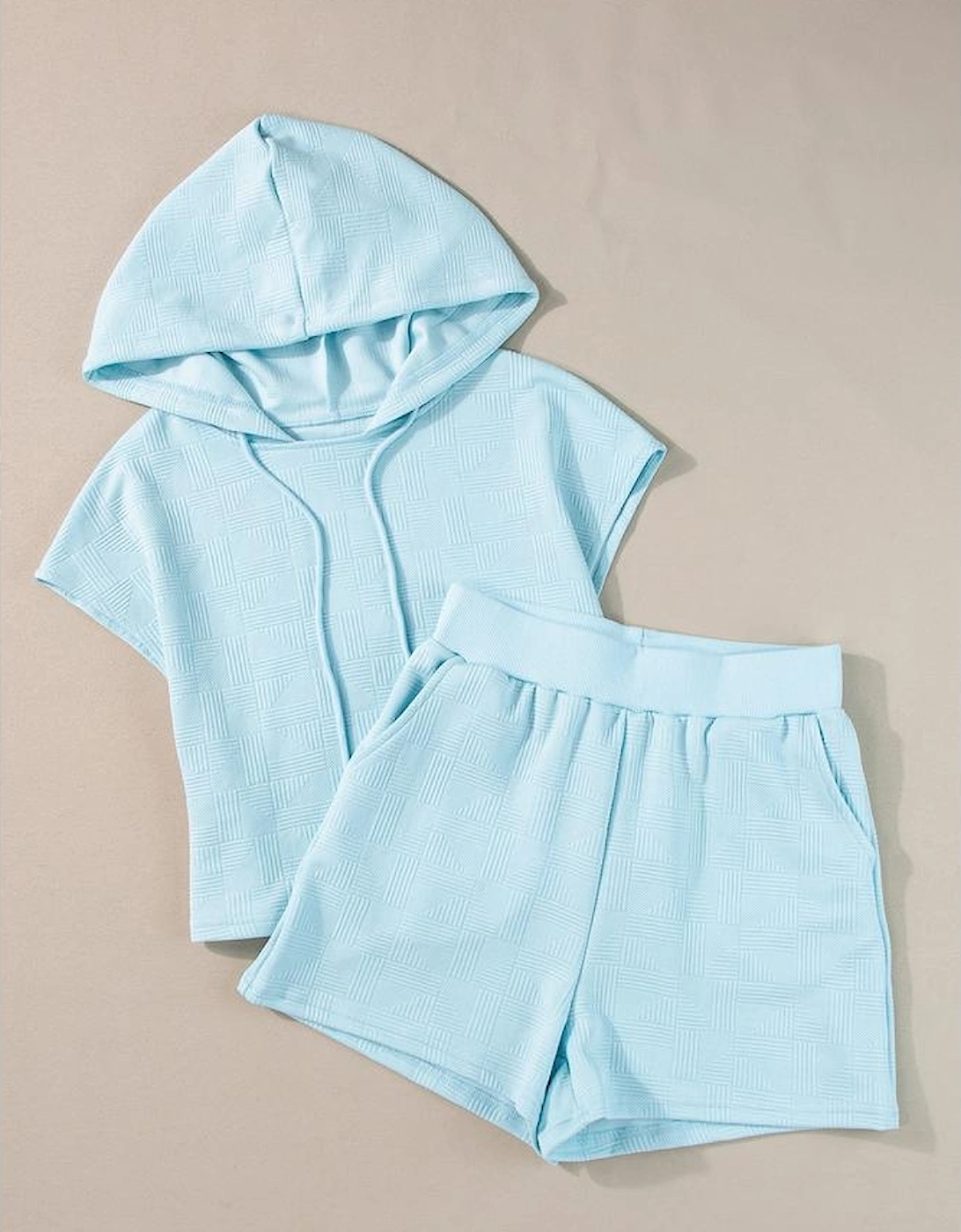 Beau Blue Textured Cropped Hoodie and Shorts Set