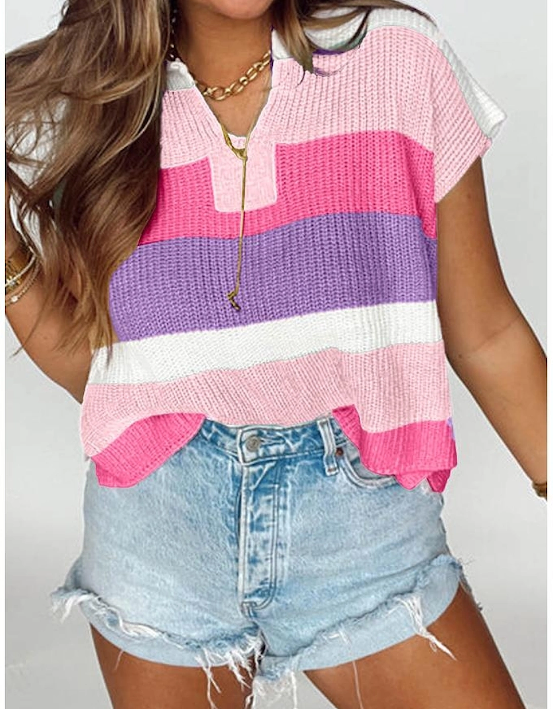 Pink Color Block Notch V Neck Sweater T Shirt