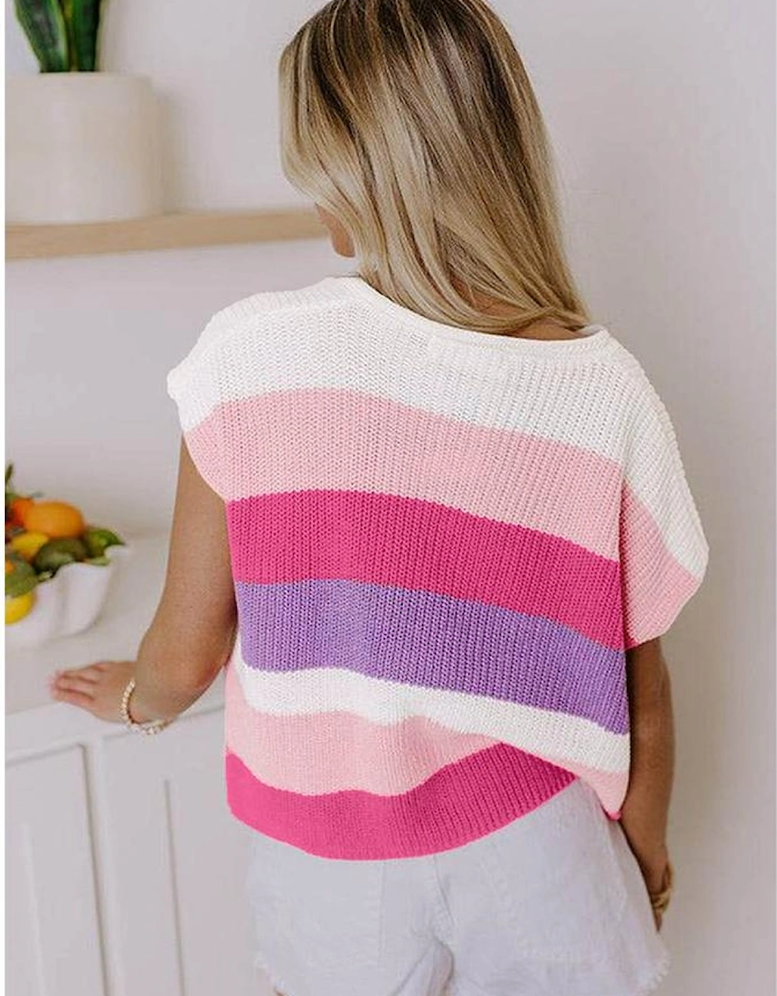 Pink Color Block Notch V Neck Sweater T Shirt, 5 of 4