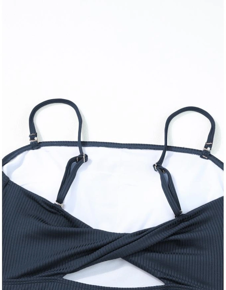 Navy Blue Ribbed Drawstring Sides Cutout One Piece Swimsuit