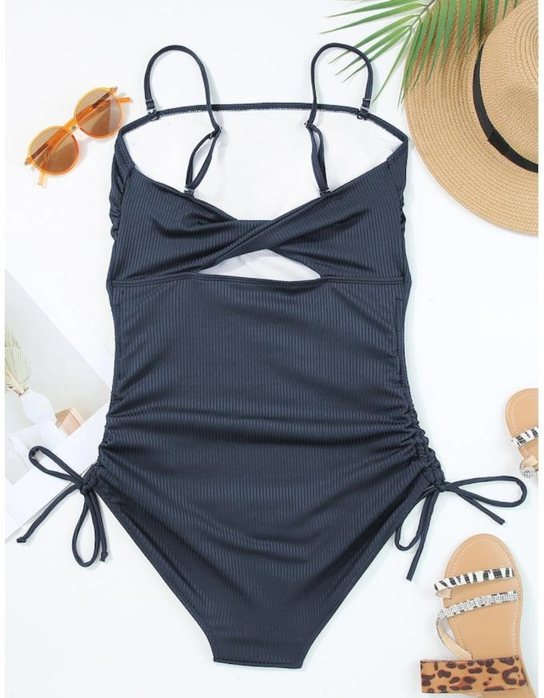 Navy Blue Ribbed Drawstring Sides Cutout One Piece Swimsuit