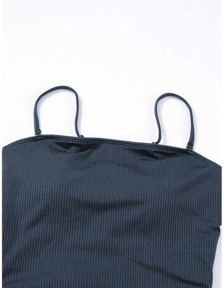 Navy Blue Ribbed Drawstring Sides Cutout One Piece Swimsuit