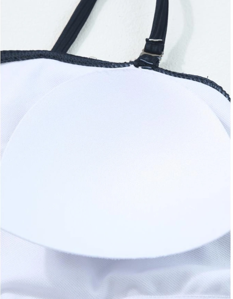 Navy Blue Ribbed Drawstring Sides Cutout One Piece Swimsuit