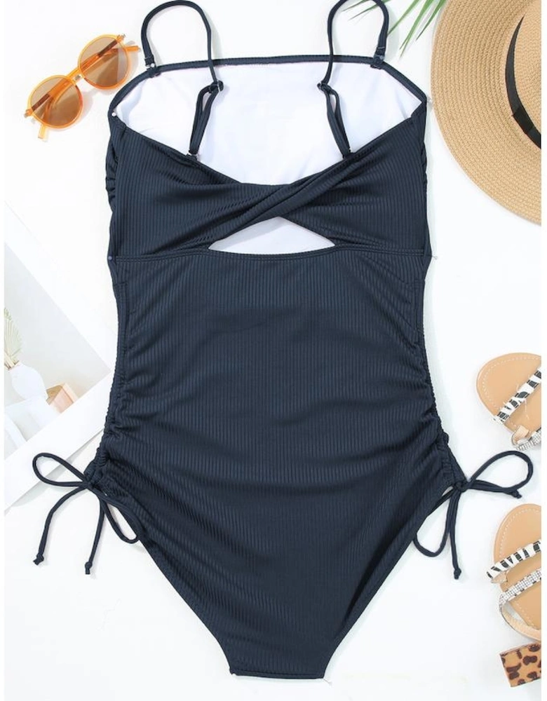 Navy Blue Ribbed Drawstring Sides Cutout One Piece Swimsuit