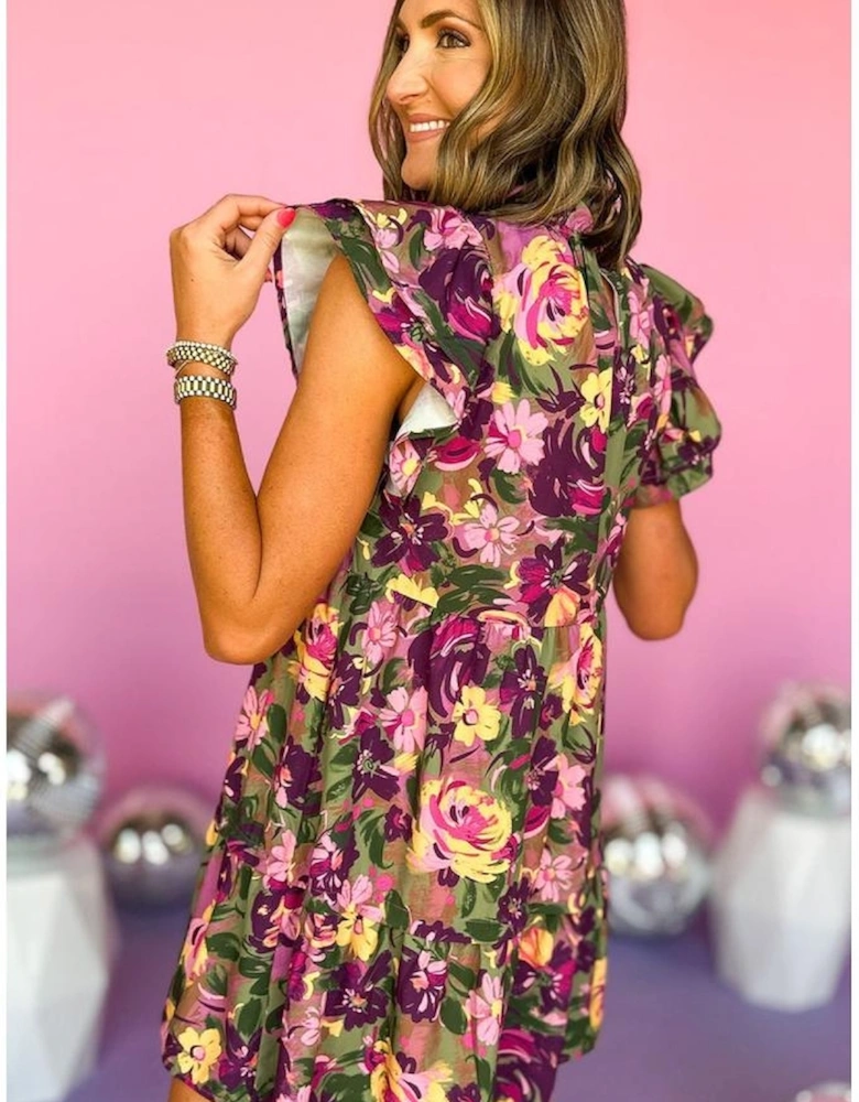Green Floral Print Ruched Flutter Sleeve Frilled Neck Mini Dress