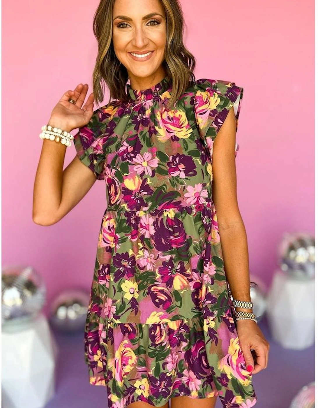 Green Floral Print Ruched Flutter Sleeve Frilled Neck Mini Dress