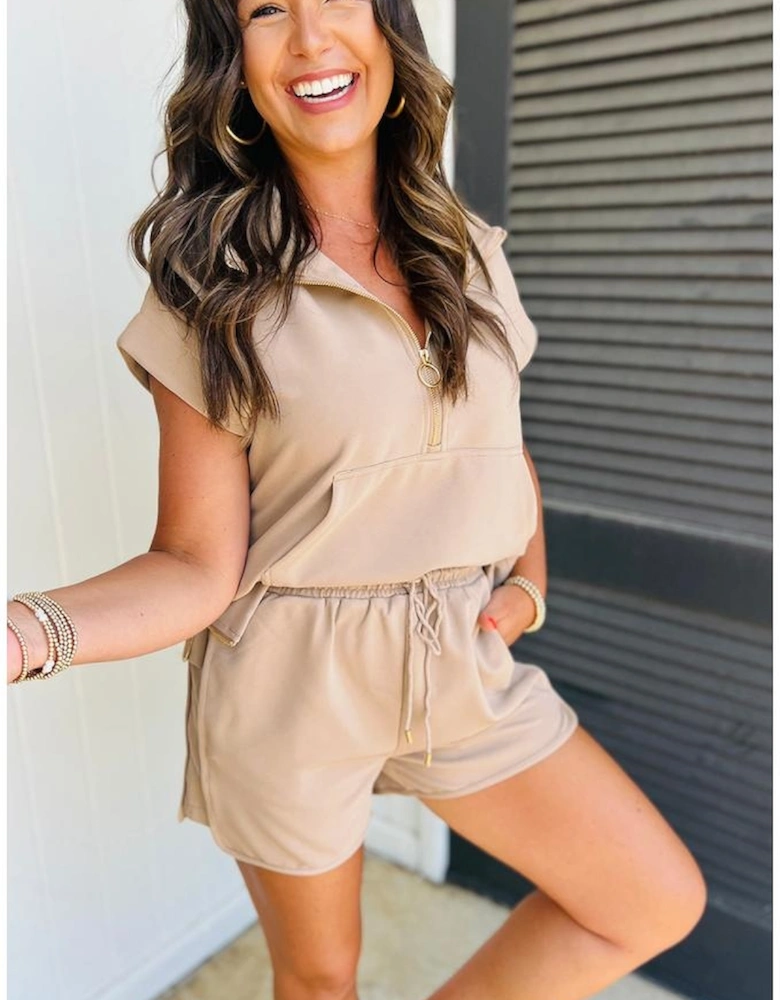 Parchment Textured Half Zip Kangaroo Pocket Top Drawstring Shorts Set