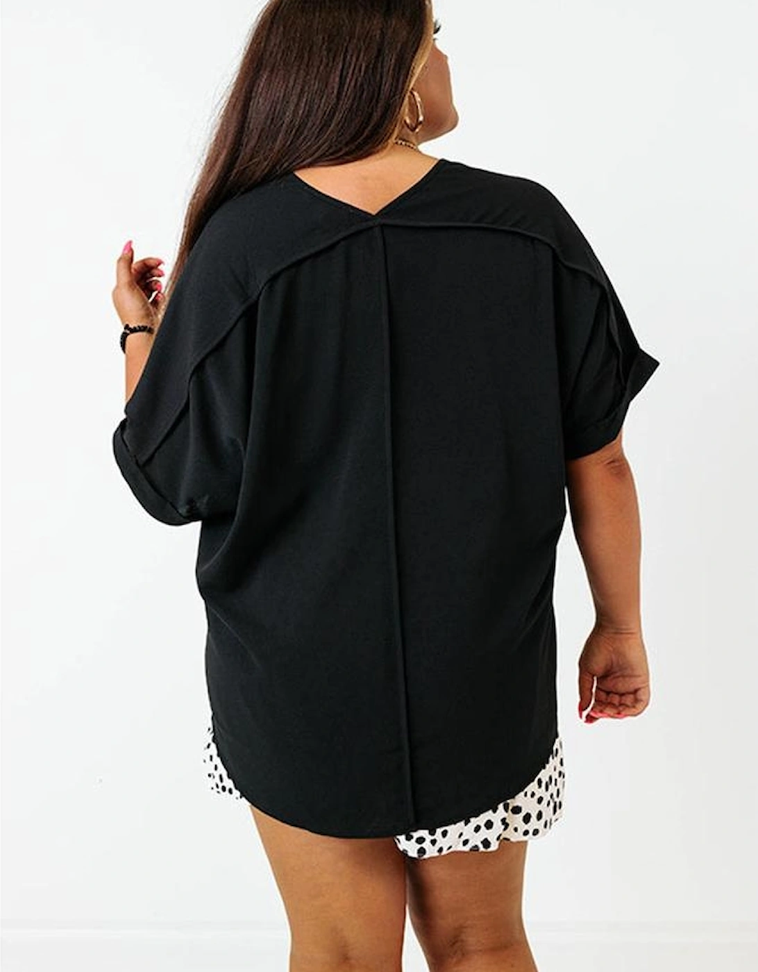 Black Seamed Back High Low Hem V Neck Cuffed Sleeve Plus Size Tee, 6 of 5