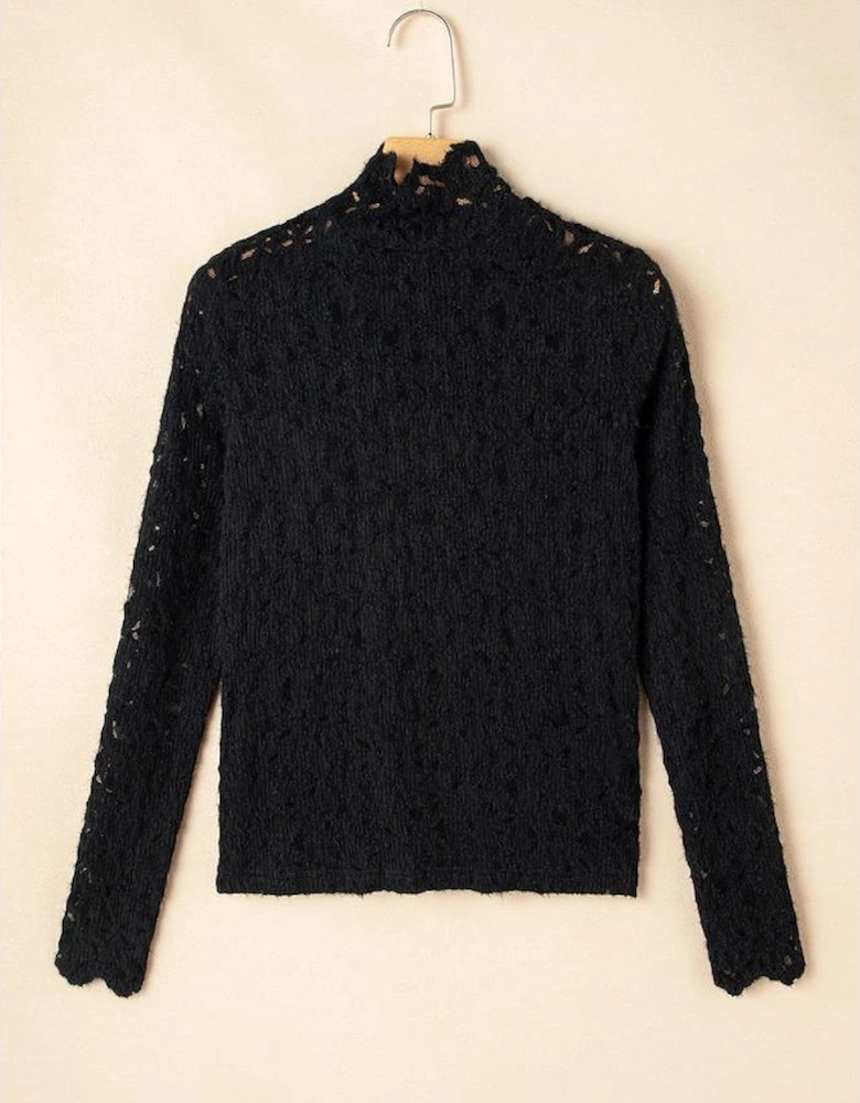 Black Flower Lace See Through Mock Neck Long Sleeve Top