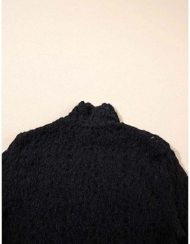 Black Flower Lace See Through Mock Neck Long Sleeve Top