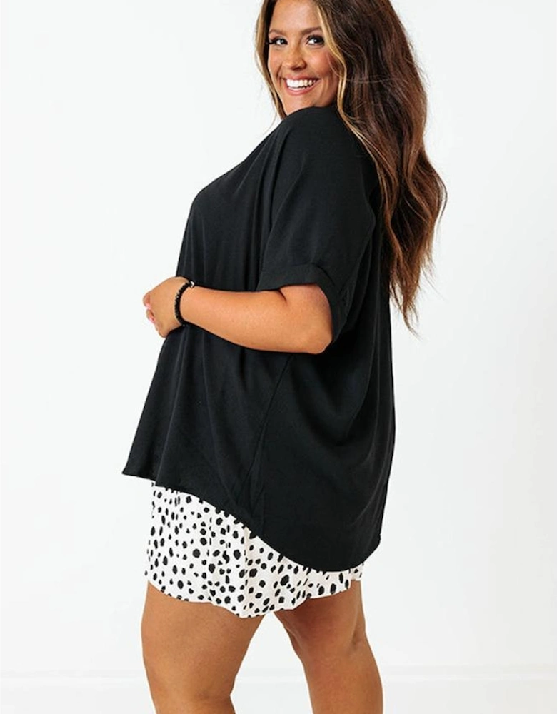 Black Seamed Back High Low Hem V Neck Cuffed Sleeve Plus Size Tee