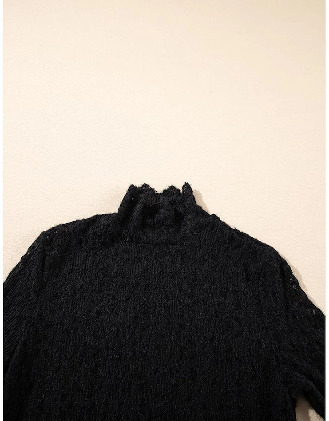 Black Flower Lace See Through Mock Neck Long Sleeve Top