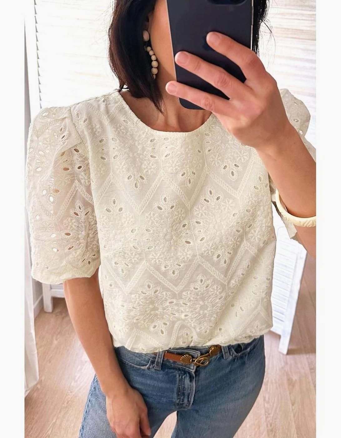 Beige Eyelet Embroidered Half Sleeve Casual Blouse, 12 of 11