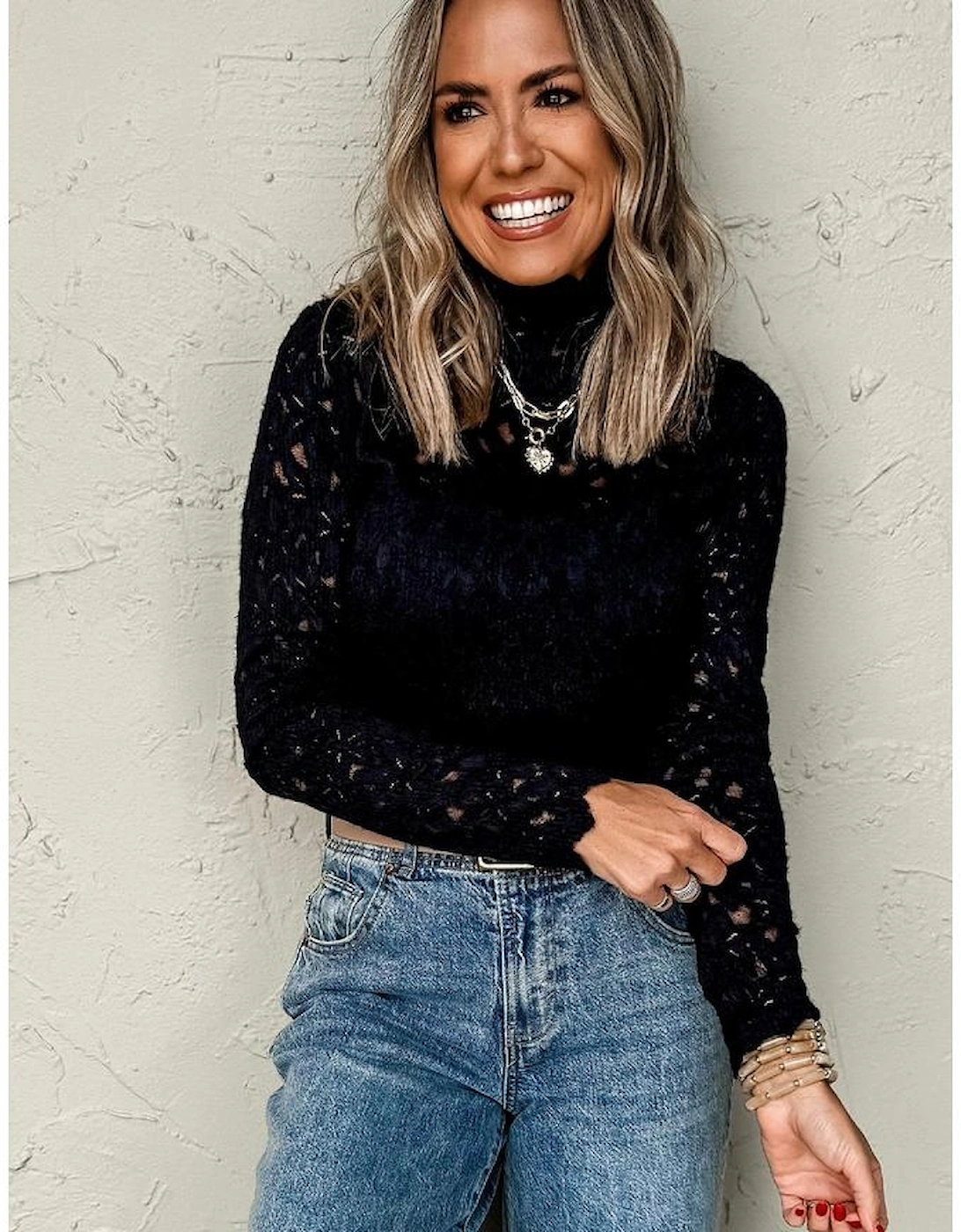 Black Flower Lace See Through Mock Neck Long Sleeve Top