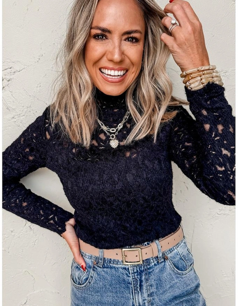 Black Flower Lace See Through Mock Neck Long Sleeve Top
