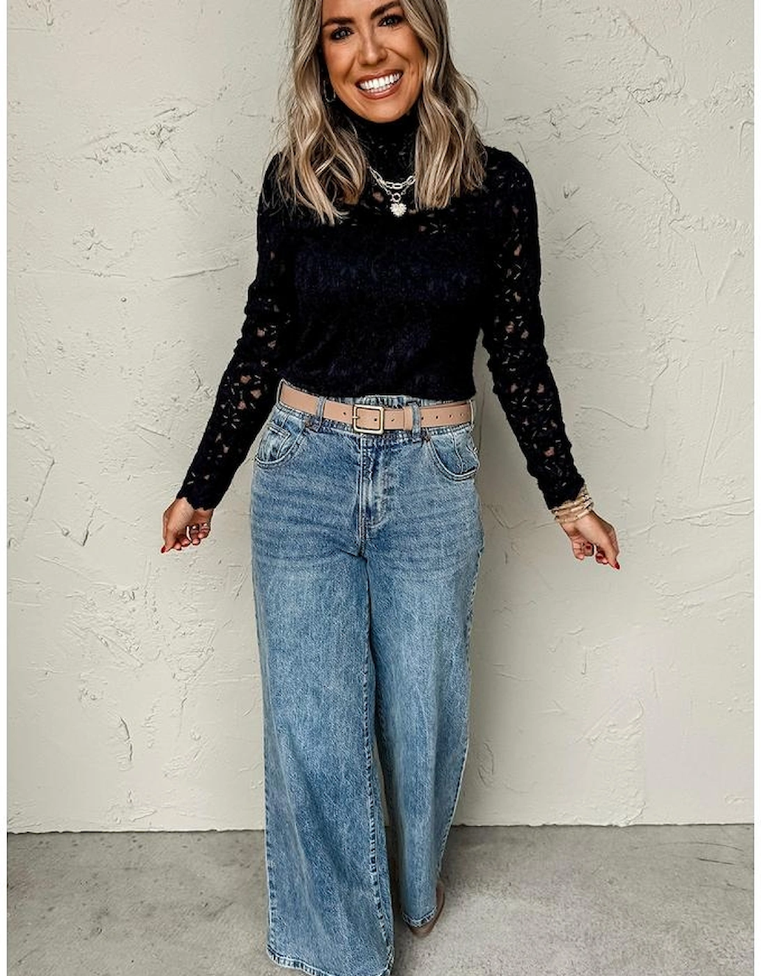 Black Flower Lace See Through Mock Neck Long Sleeve Top