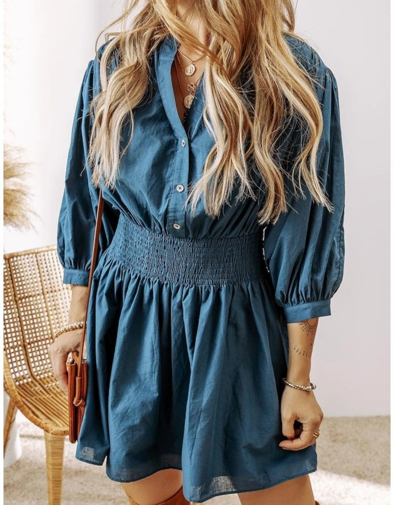Prussian Blue 3/4 Sleeve Shirred High Waist Buttoned Mini Dress