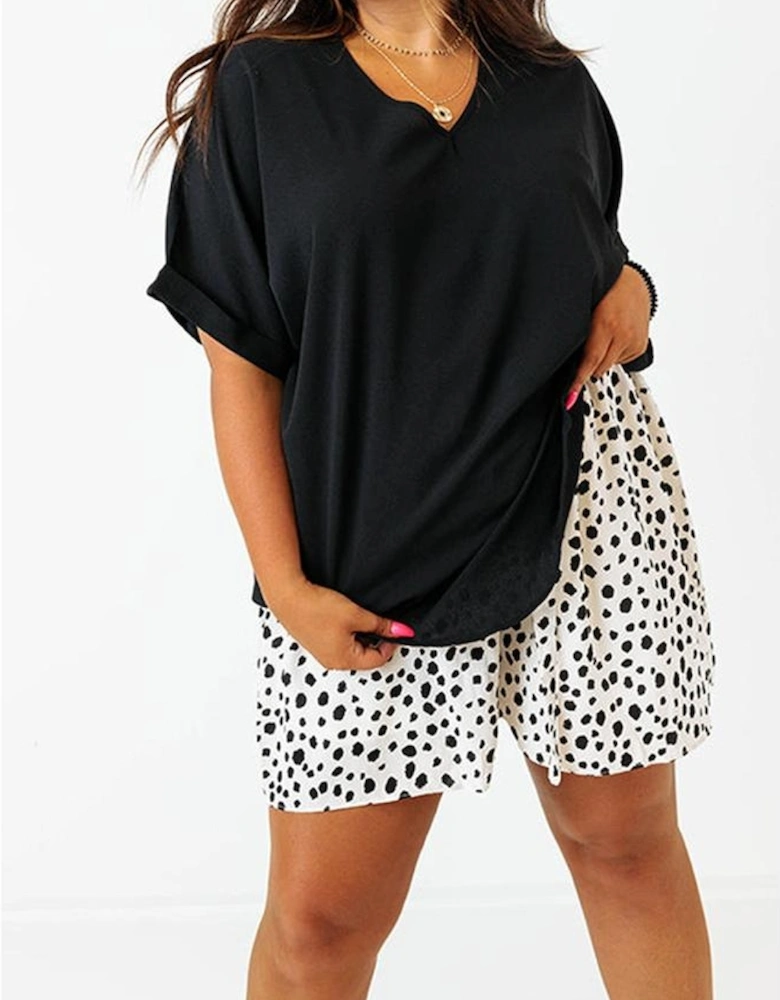 Black Seamed Back High Low Hem V Neck Cuffed Sleeve Plus Size Tee