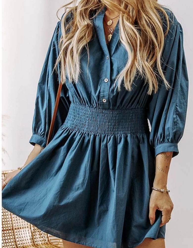 Prussian Blue 3/4 Sleeve Shirred High Waist Buttoned Mini Dress