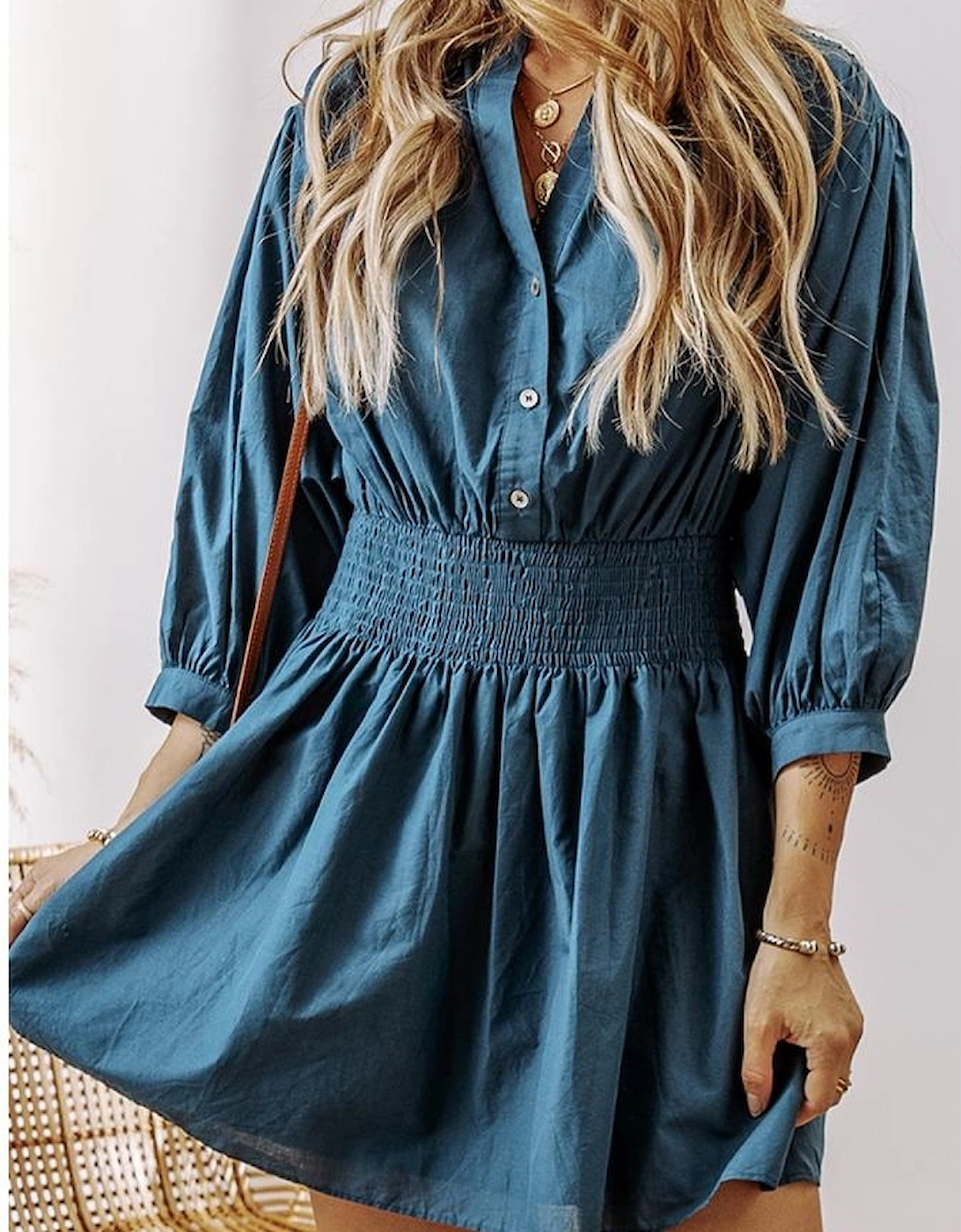 Prussian Blue 3/4 Sleeve Shirred High Waist Buttoned Mini Dress, 16 of 15
