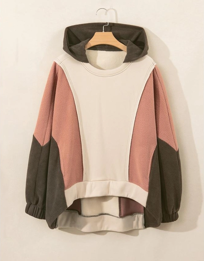 Beige Oversized Color Block Patchwork High Low Hoodie
