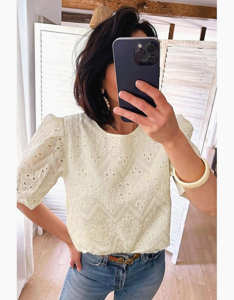 Beige Eyelet Embroidered Half Sleeve Casual Blouse