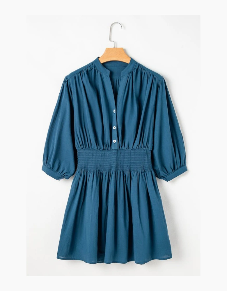Prussian Blue 3/4 Sleeve Shirred High Waist Buttoned Mini Dress