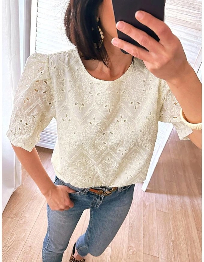 Beige Eyelet Embroidered Half Sleeve Casual Blouse