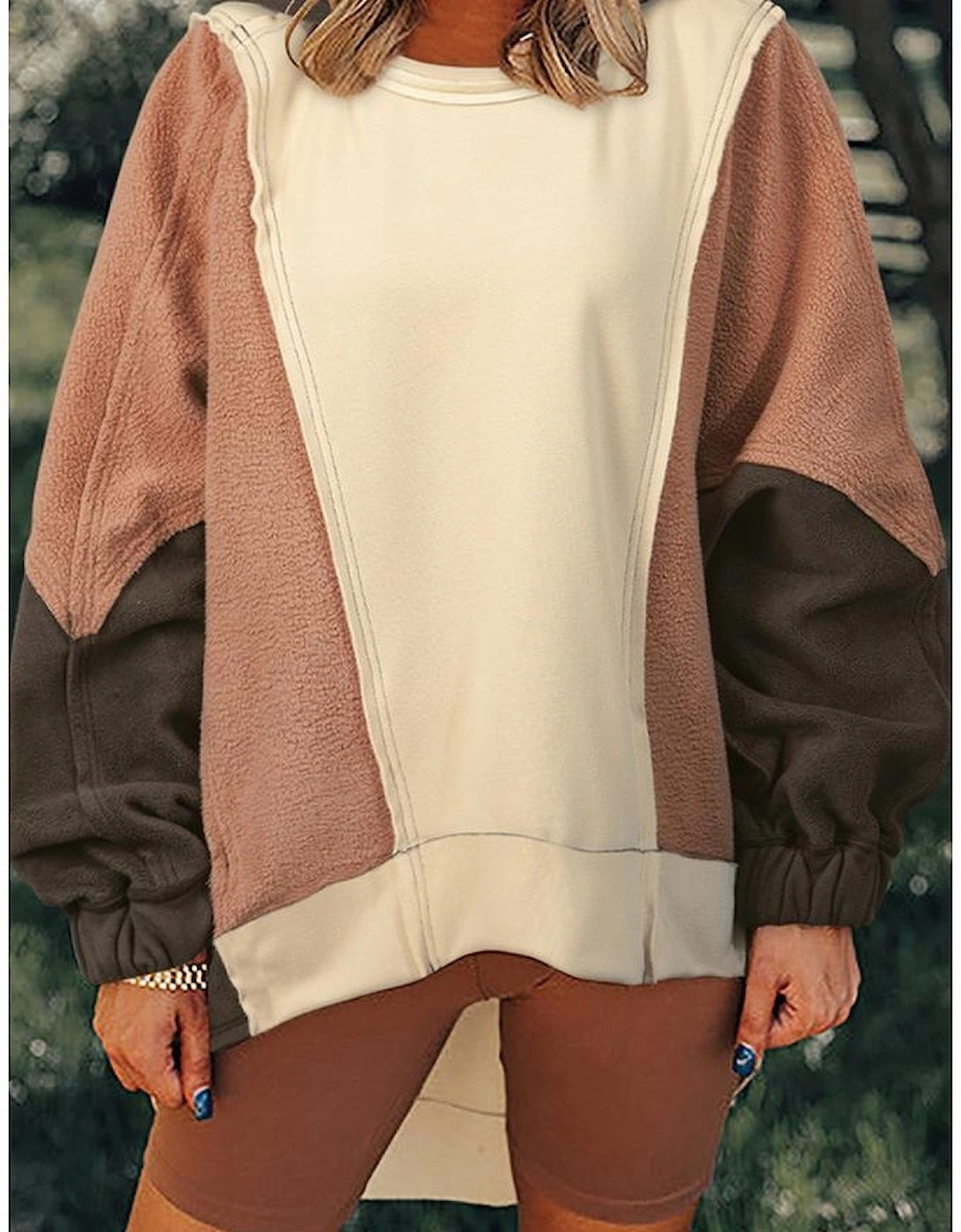 Beige Oversized Color Block Patchwork High Low Hoodie