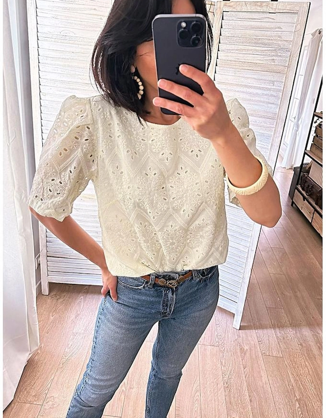 Beige Eyelet Embroidered Half Sleeve Casual Blouse