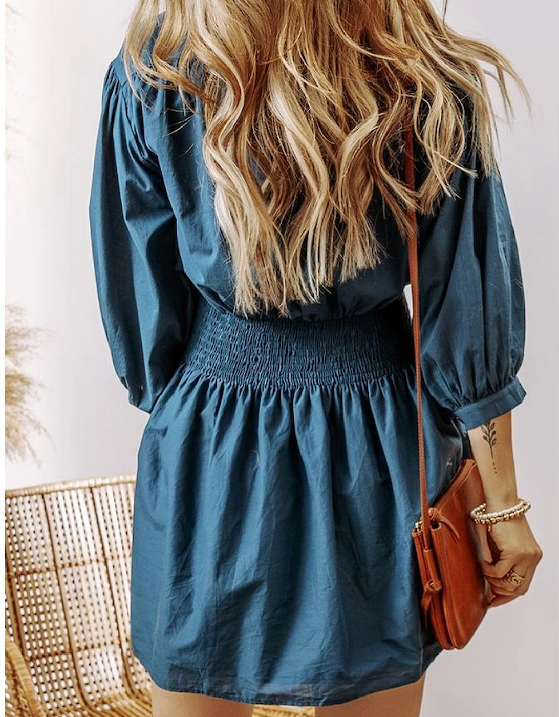 Prussian Blue 3/4 Sleeve Shirred High Waist Buttoned Mini Dress