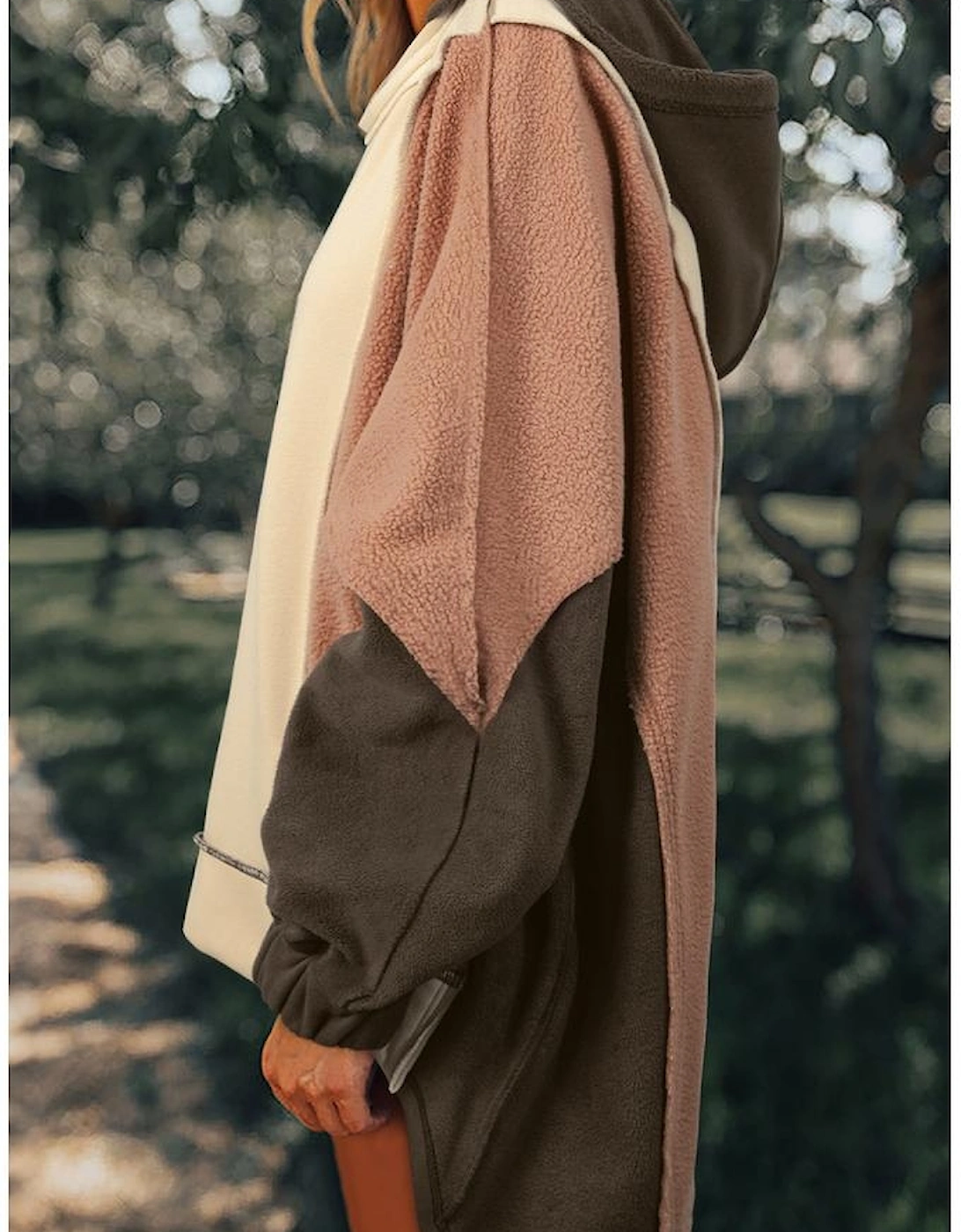 Beige Oversized Color Block Patchwork High Low Hoodie