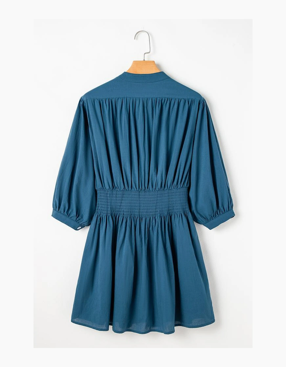 Prussian Blue 3/4 Sleeve Shirred High Waist Buttoned Mini Dress