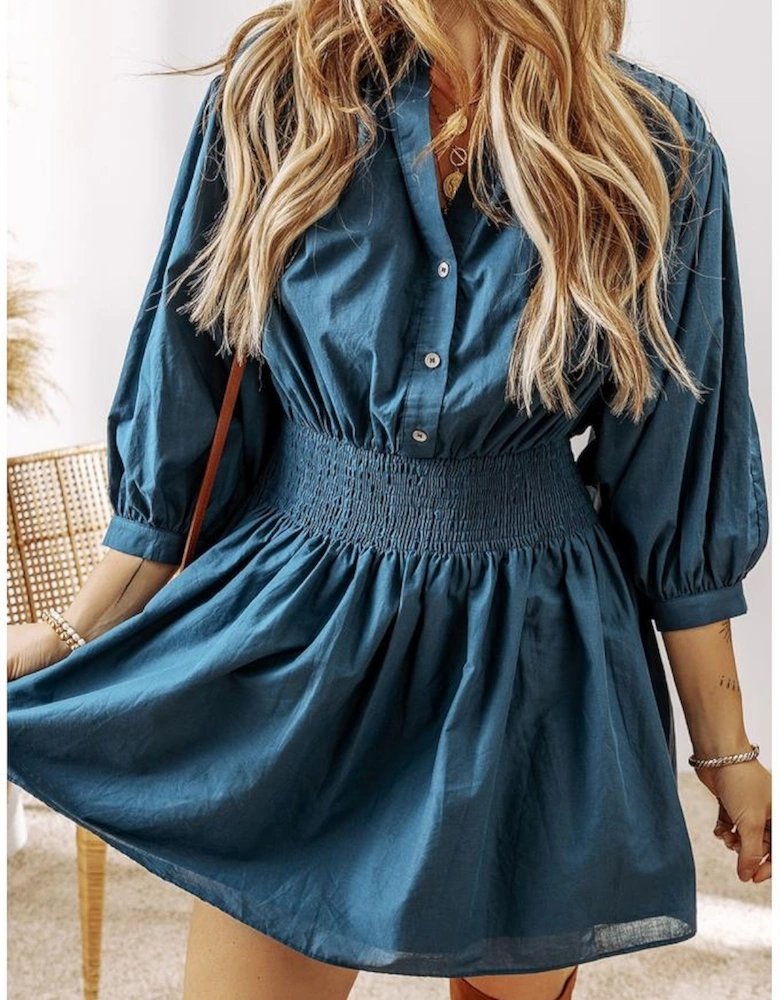 Prussian Blue 3/4 Sleeve Shirred High Waist Buttoned Mini Dress