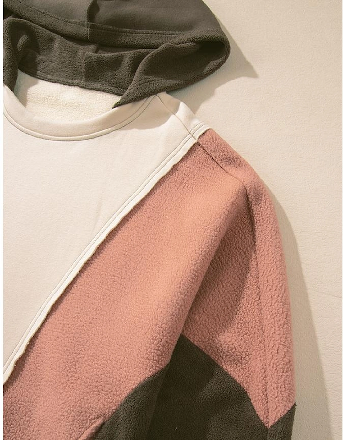 Beige Oversized Color Block Patchwork High Low Hoodie
