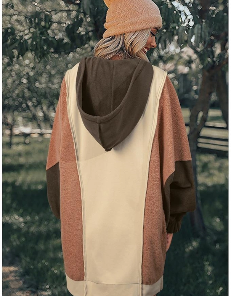 Beige Oversized Color Block Patchwork High Low Hoodie