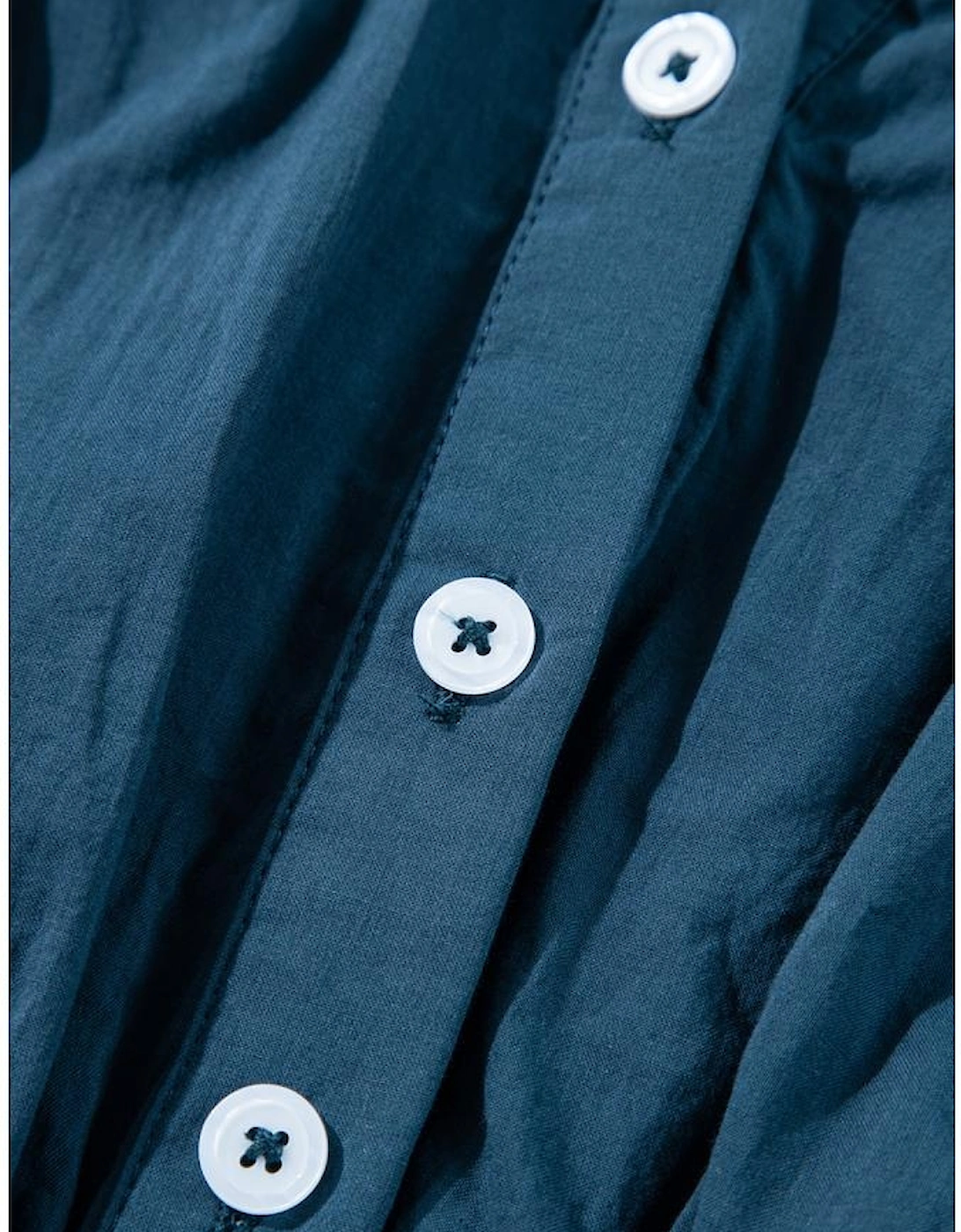 Prussian Blue 3/4 Sleeve Shirred High Waist Buttoned Mini Dress