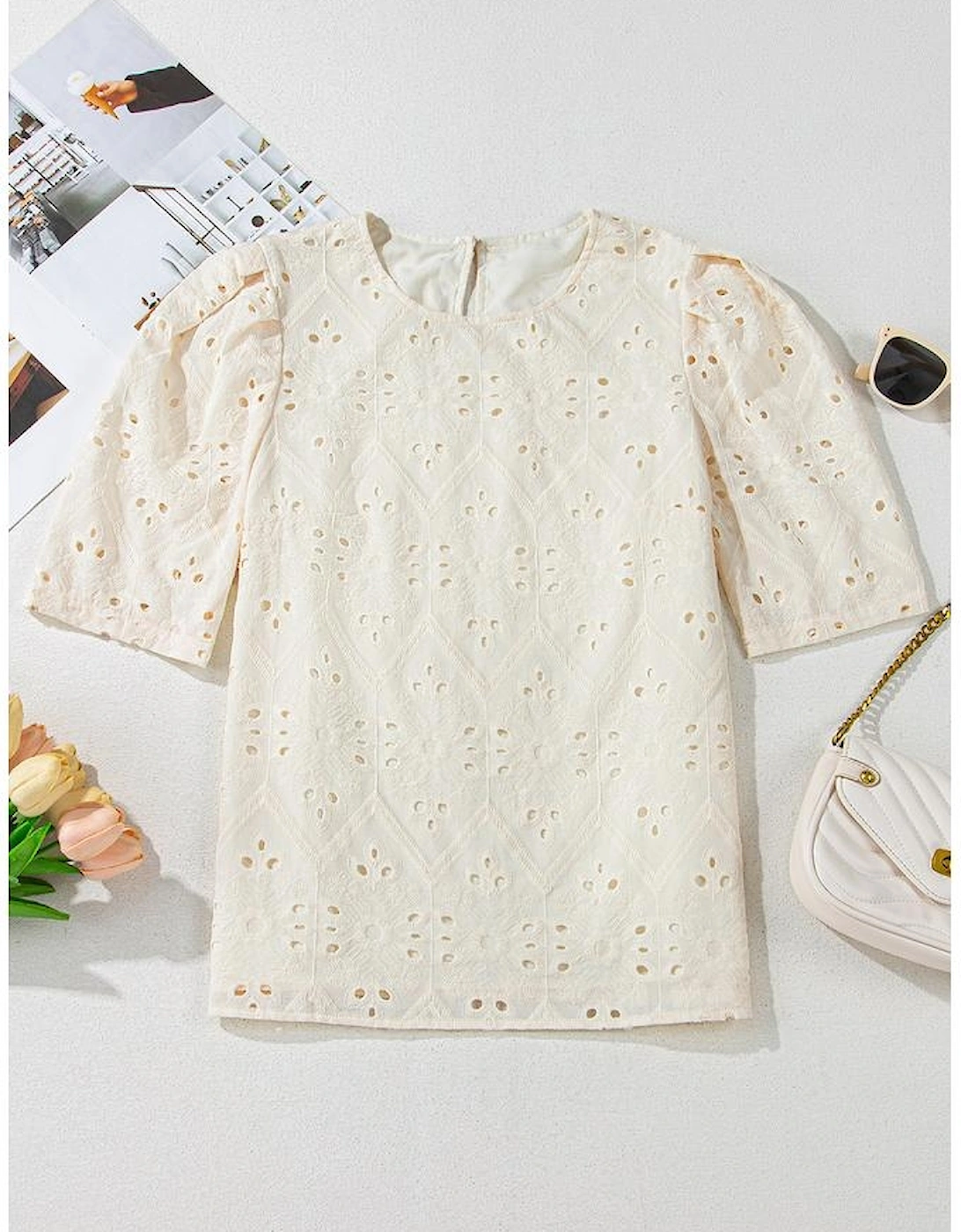 Beige Eyelet Embroidered Half Sleeve Casual Blouse