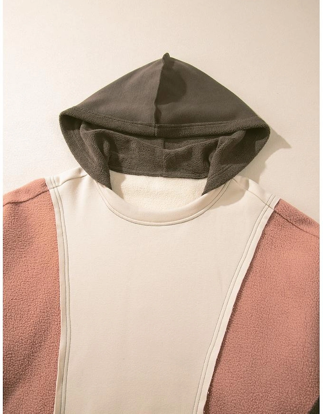 Beige Oversized Color Block Patchwork High Low Hoodie
